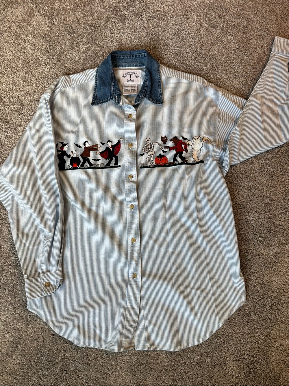Light Blue Striped Button-Down Shirt with Halloween Embroidery